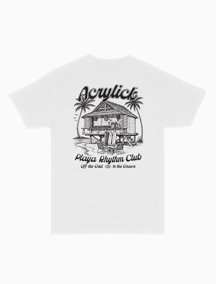 Relaxed lifestyle graphic tee inspired by coastal rhythm and laid-back living. Reads, Acrylick - Playa Rhythm Club, Off the Grid / In the groove.