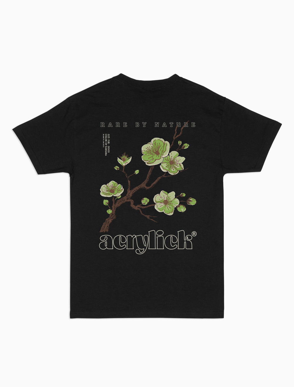 Green sakura branch in bloom, symbolizing rarity, growth, and natural balance. Acrylick Zen Capsule Tee.