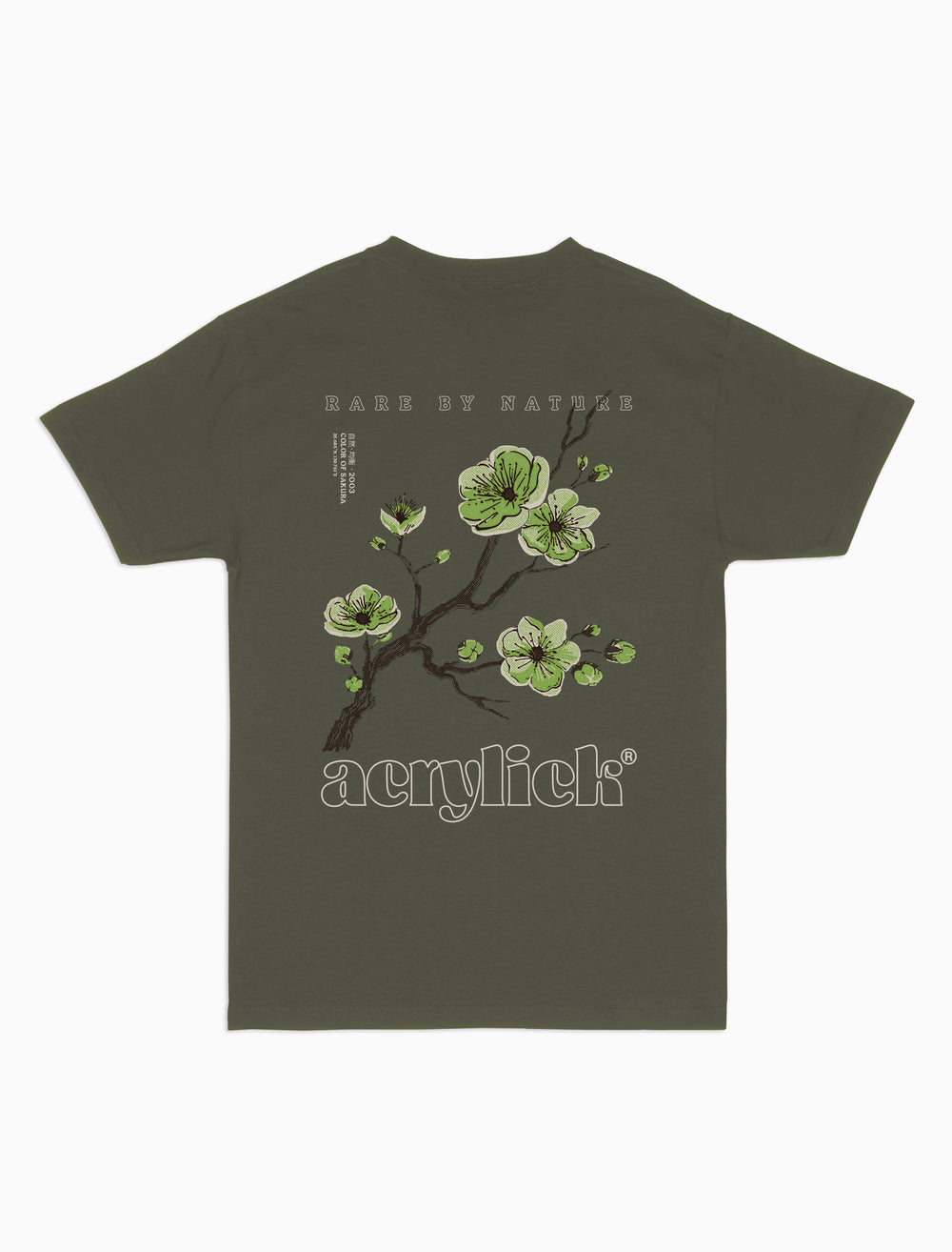 Green sakura branch in bloom, symbolizing rarity, growth, and natural balance. Acrylick Zen Capsule Tee.