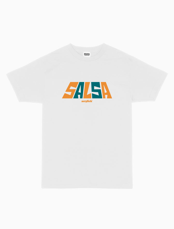 Energetic graphic tee inspired by salsa music, movement, and vibrant culture. Reads Salsa across front chest.