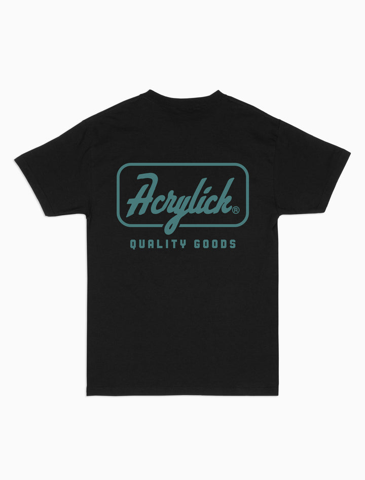 Retro script-style badge logo reading “Acrylick” and “Quality Goods,” inspired by classic signage and heritage branding.