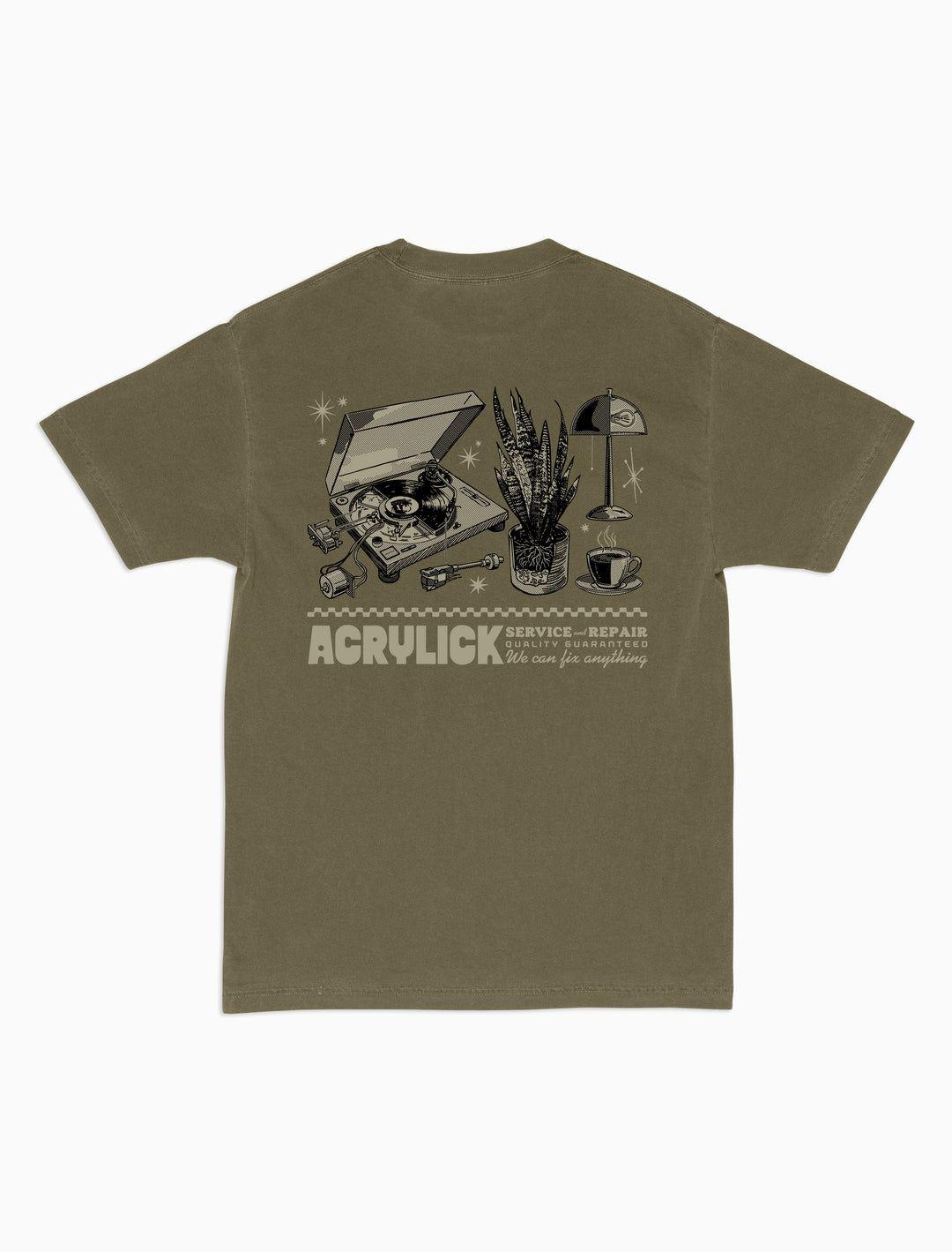 Acrylick service and repair graphic, features Turntable, Snake plant, coffee cup and mid century lamp.