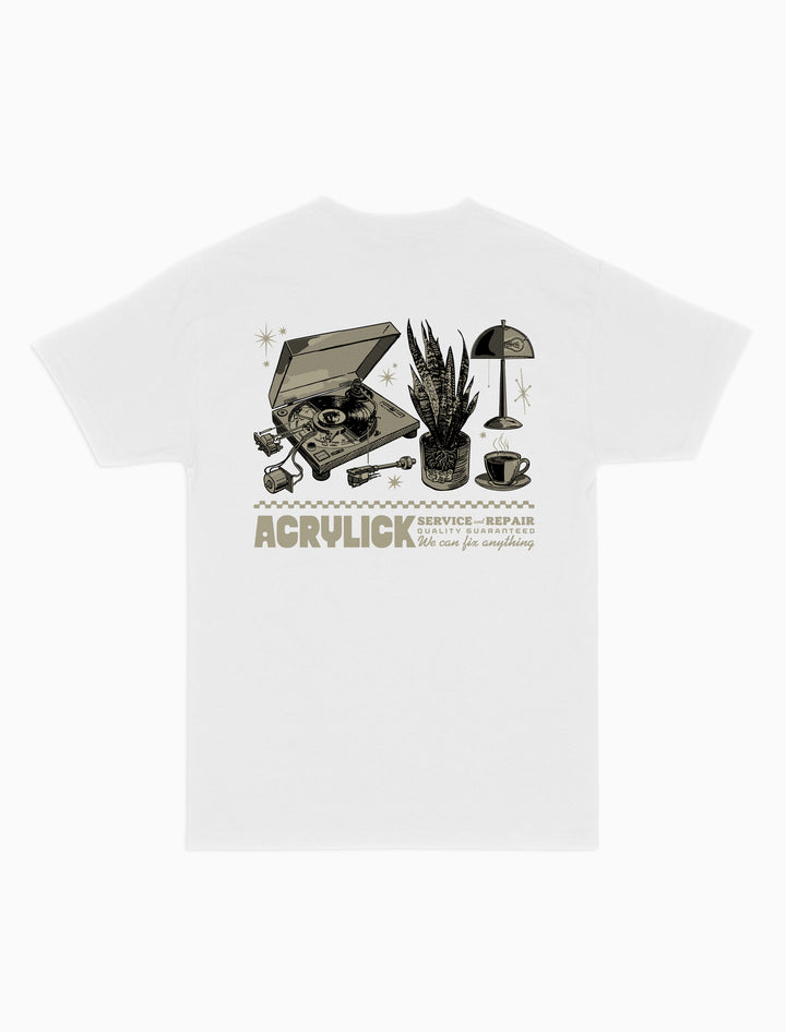 Acrylick service and repair graphic, features Turntable, Snake plant, coffee cup and mid century lamp.