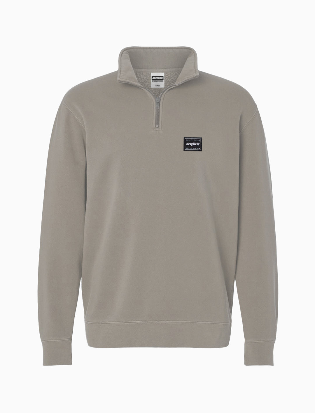 Beige Quarter Zip pullover with Acrylick Sound System woven label over left chess.