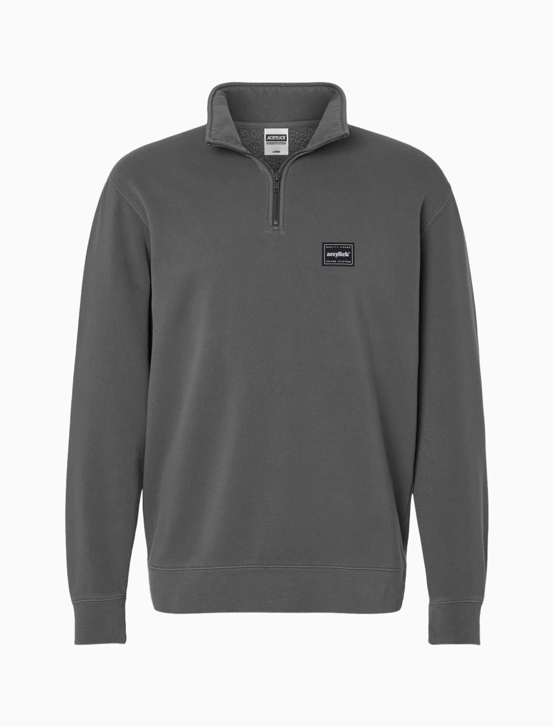Faded Black Quarter Zip pullover with Acrylick Sound System woven label over left chess.