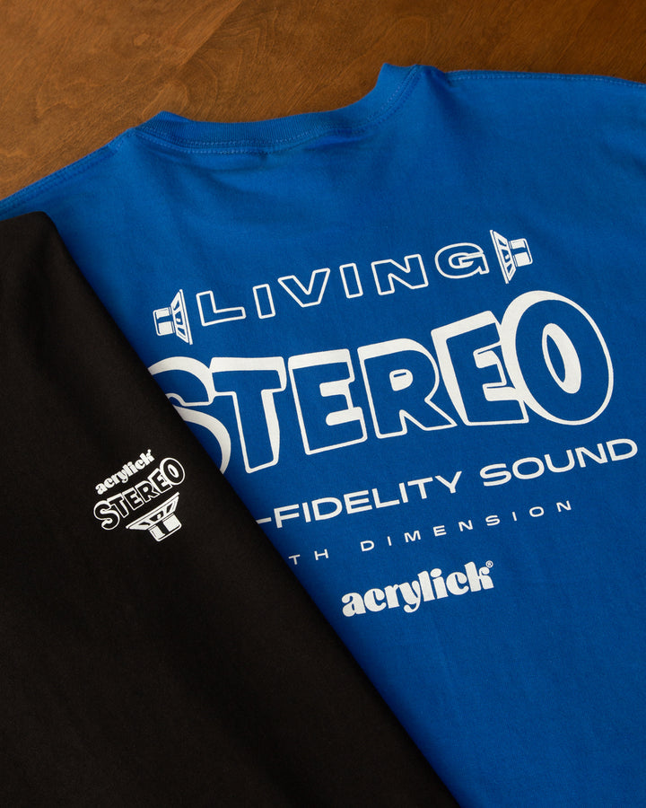 Side-view illustration of stereo speakers facing outward with the words “Living Stereo,” symbolizing immersive, high-fidelity sound with Acrylick logo.