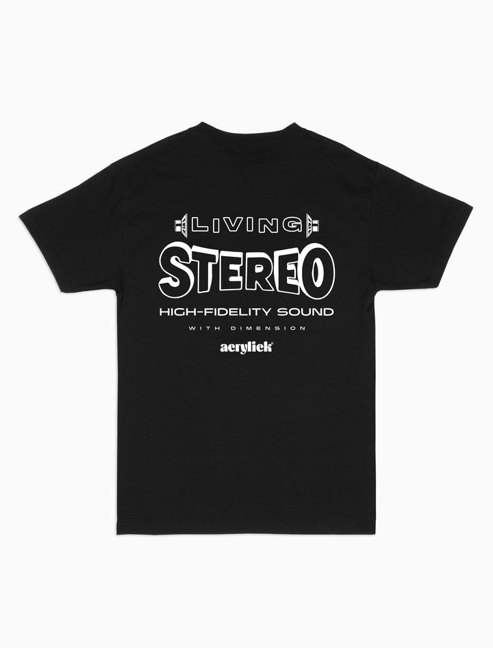 Side-view illustration of stereo speakers facing outward with the words “Living Stereo,” symbolizing immersive, high-fidelity sound with Acrylick logo.